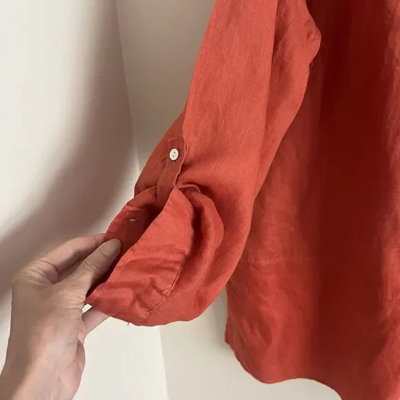 Tahari Linen Button Up Tunic Top Sz 3X Orange Lagenlook Lagom Long Sleeve Boho - Picture 8 of 10